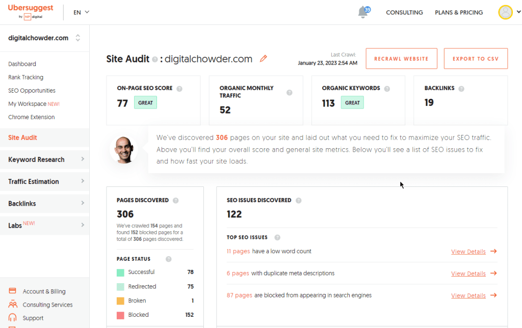 Ubersuggest site audit